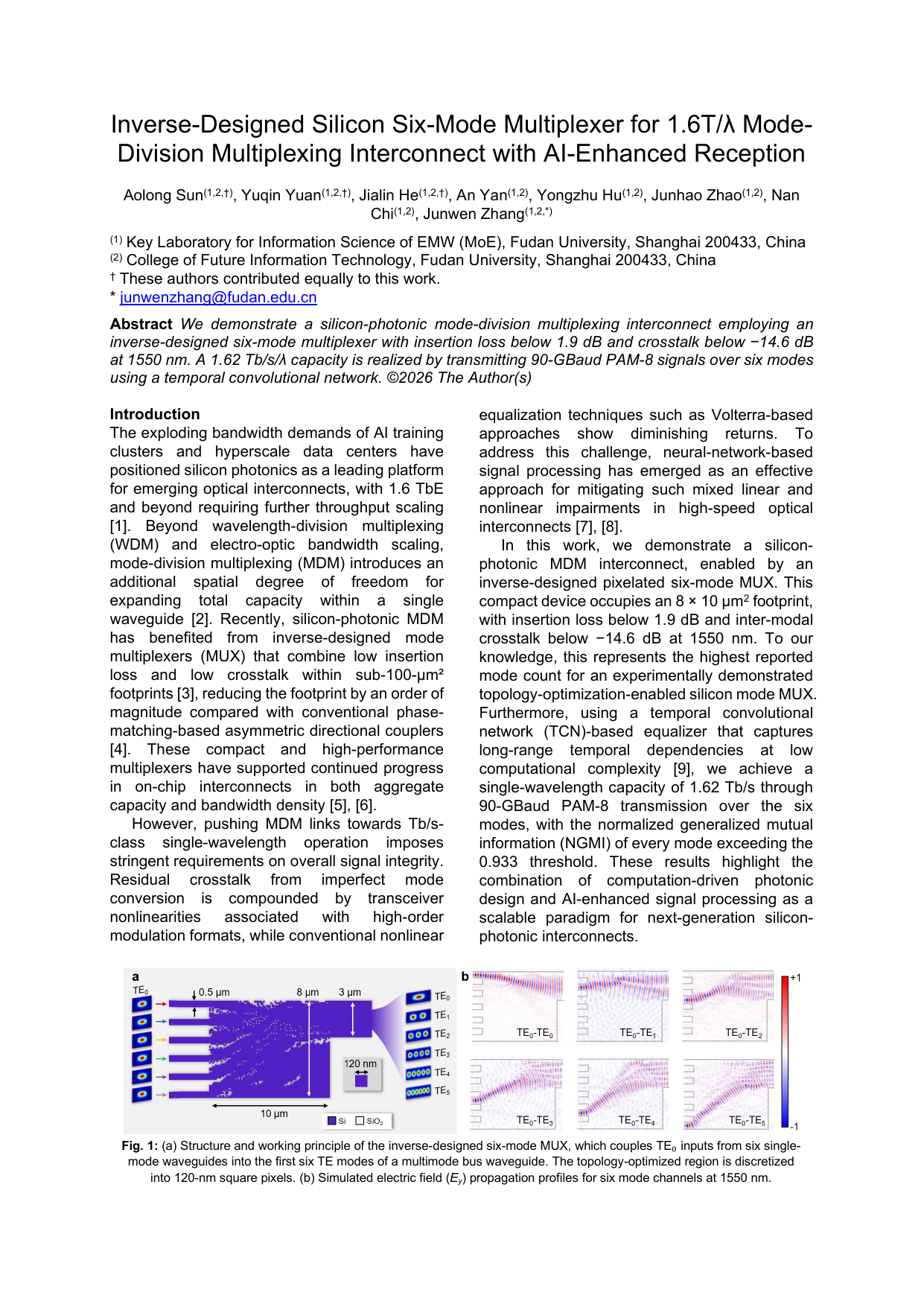Inverse-designed silicon six-mode multiplexer for 1.6T MDM interconnect