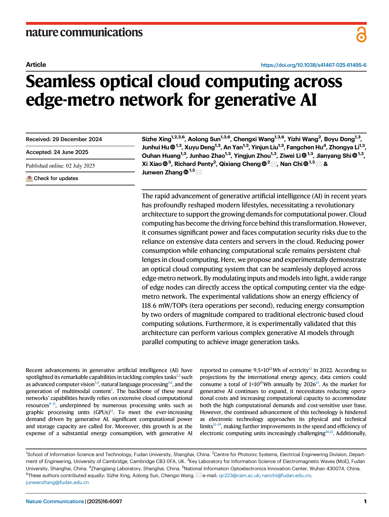 Edge-metro optical cloud computing for generative AI